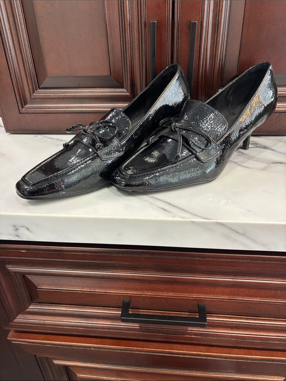 Patent Leather Pointed Toe Kitten Heel Loafers - Black new without tags